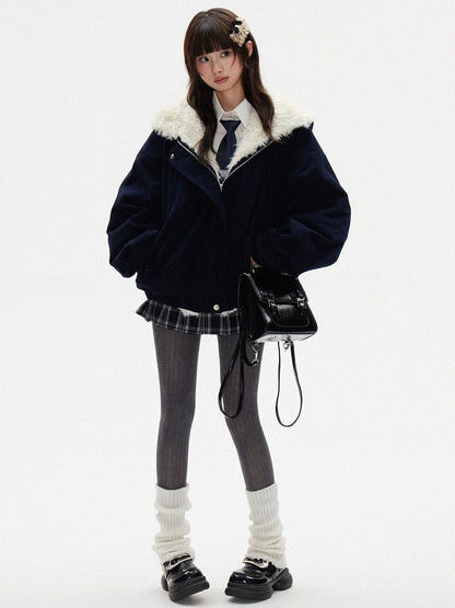 - Front Jacket Interior Hooded Dark Fleece Zipper Blue Cozy