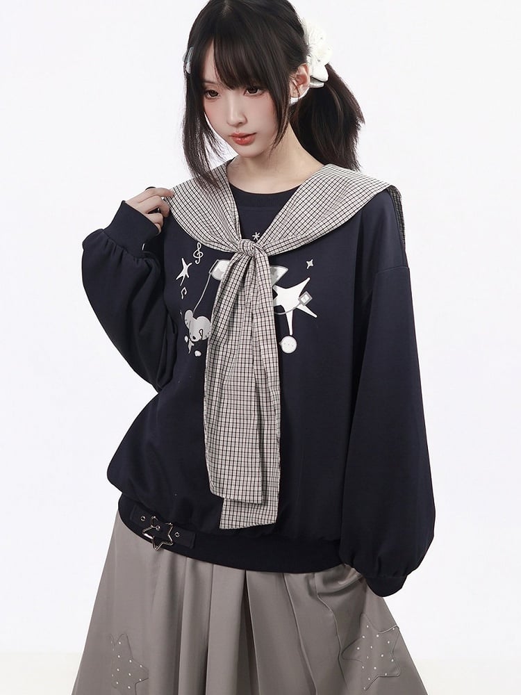 Kawaii Navy Mouse Print Crewneck Sweatshirt with Plaid Shawl Set for Daily Wear - PINK SAVIOR