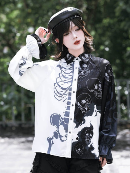 Gothic Black and White Balloon Sleeve Shirt with Asymmetric Skeleton Print - Quirky Hut