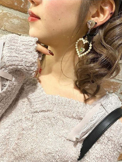 Kei Earrings Heart 7 Options Rhinestone Color Jirai Bowknot