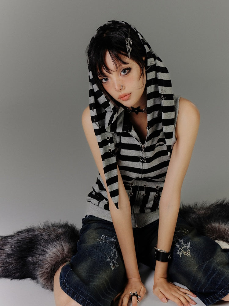 Vintage Bunny Ear Design Black  Grey Stripes Hood Y2K Tank Top