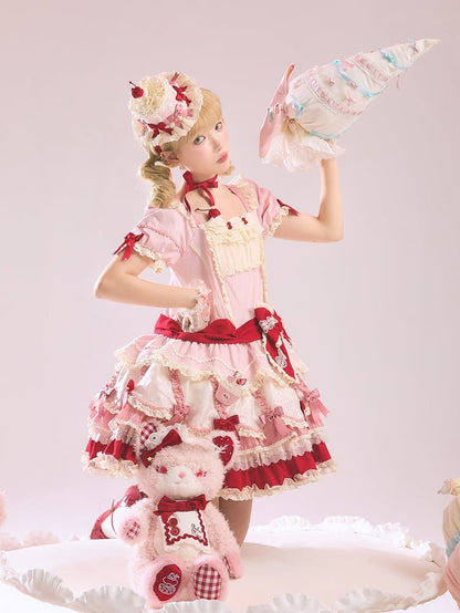 and Bowknot Red Dress Lolita Sweet Pink Hem Dropped Layered Waist Details