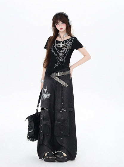 ジーンズ ブラック バタフライ ワイドレッグ カーゴプリント ストラップディテール ヴィンテージ