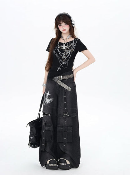 ワイドレッグカーゴジーンズ ストラップディテール ヴィンテージブラックバタフライプリント