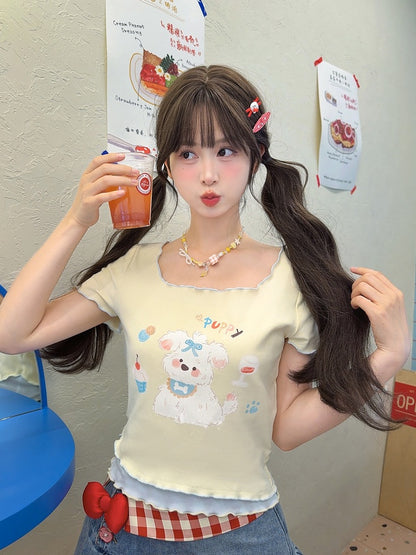 T-Shirt Saum Quadratischer Ausschnitt Apricot Welpendruck Salat