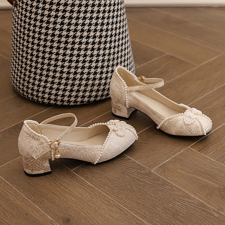 4cm Button Decorative Qi Floral with Heel Satin Bead-Embellished Beige Frog Mid Block - Lolita Shoes