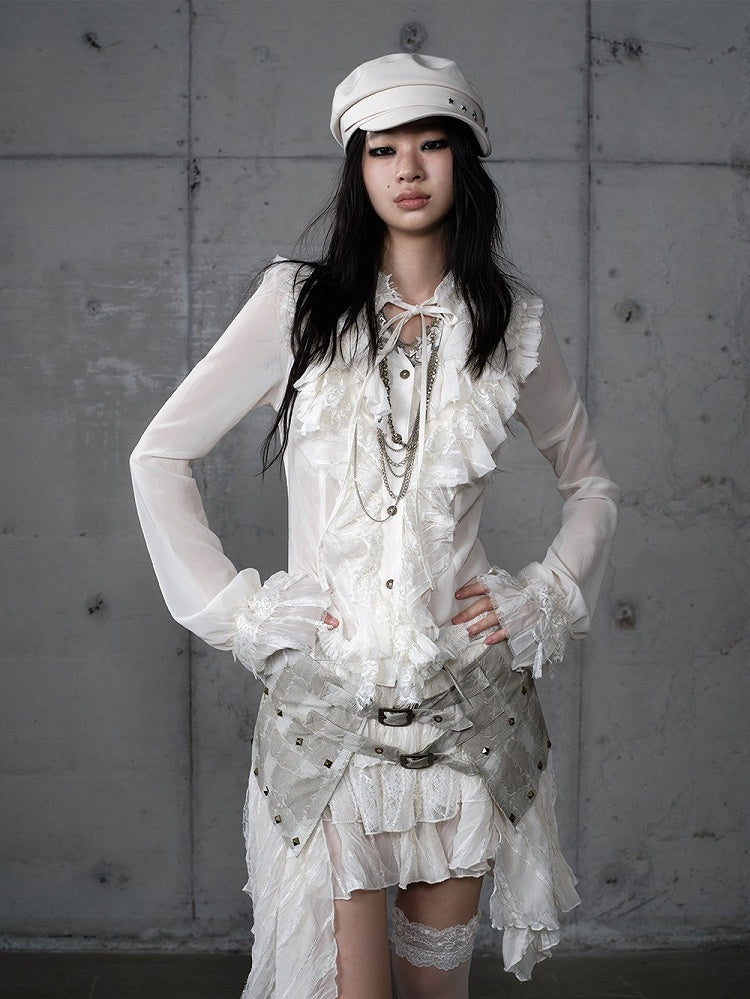 Vintage Flounce Tiered Princess Detail Beige Blouse Tie-Neck with Lace