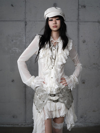 Vintage Flounce Tiered Princess Detail Beige Blouse Tie-Neck with Lace