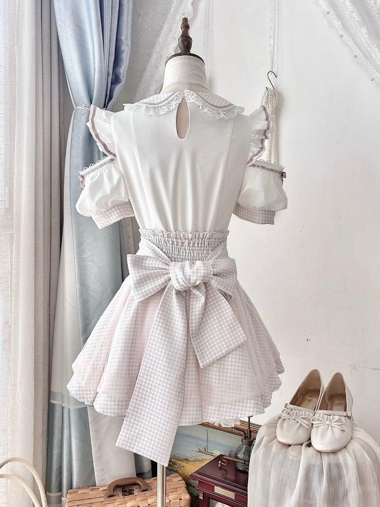 Maid Style Pink & White Landmine Cutout Shoulder Short Sleeve Top with Detachable Apron Skirt - Shi Zhai Xin