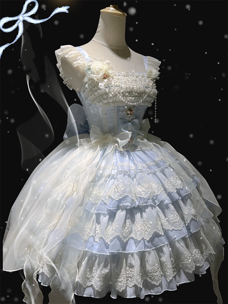 Akzente Jacquard Blau Rosette Tiered Balletcore Sweet Lolita Kleid Pullover Rock Stoff