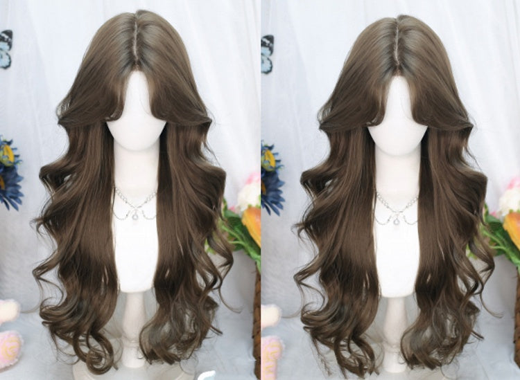 Black/Brown Under Bust Length Wavy Wig with Curtain Bangs
