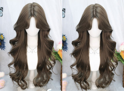 Black/Brown Under Bust Length Wavy Wig with Curtain Bangs