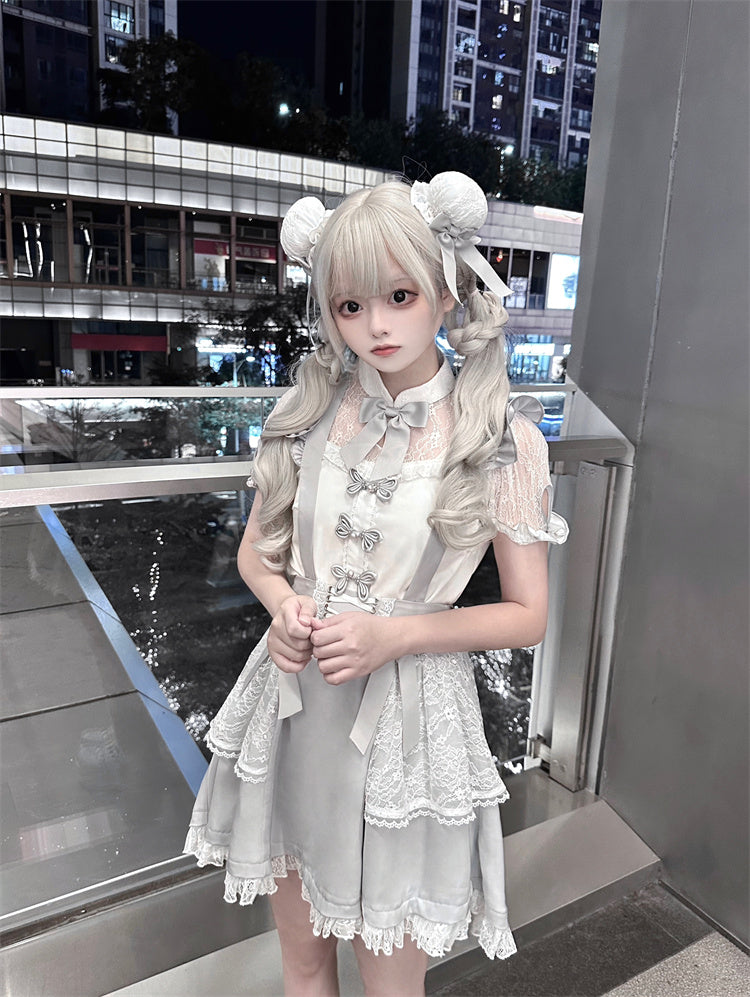 Illusion Details Weiß Grau Bowknot Jirai Kei Ausschnitt Bluse