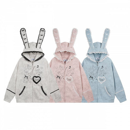 Ear with Gray/Pink Bunny Bow Regular/Thicken Lace-Trimmed Blue/Light Hoodie Accents