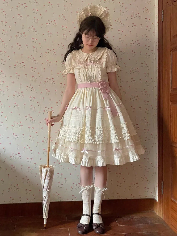 Lolita Pink Beige Peter Kleid Baumwolle Schleife und Kragen Akzente Pan