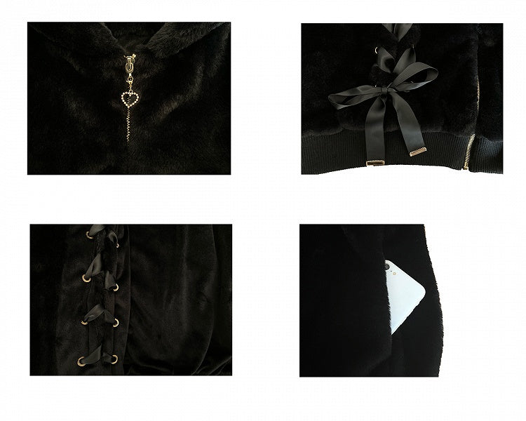 Style Lace-Up Plush Kei Hood Coat Coat: Front Bow Jirai Black with Full-Zip Bunny-Ear