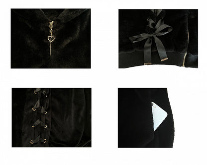 Style Lace-Up Plush Kei Hood Coat Coat: Front Bow Jirai Black with Full-Zip Bunny-Ear