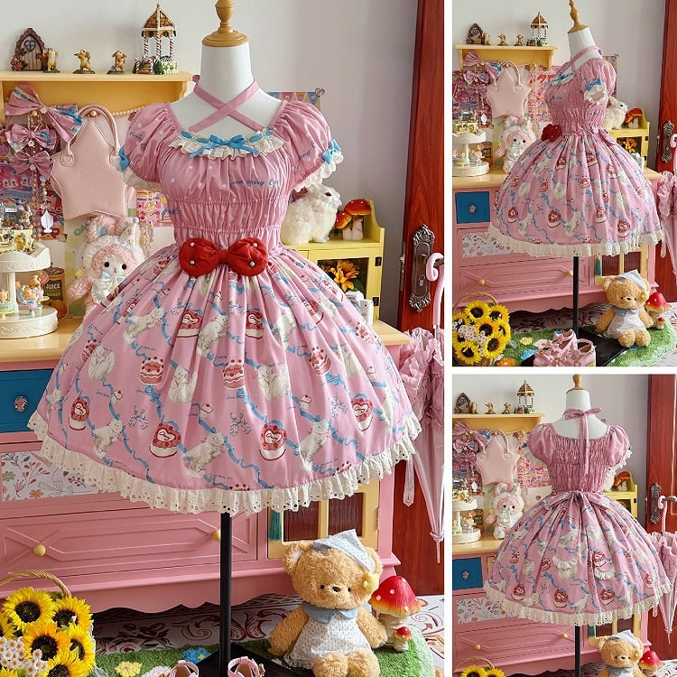 Sweet Kitty Mieder Lolita Print Einteiler gesmokt rosa elastische Schleifen und