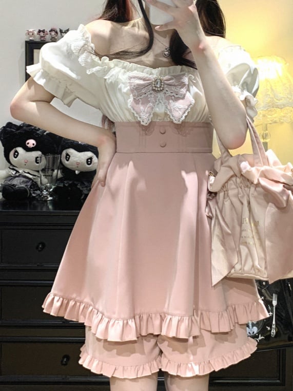 オフショルダーネックラインミニドレス＆ショーツセット ジライケイ ブラック/ピンク/ブルー