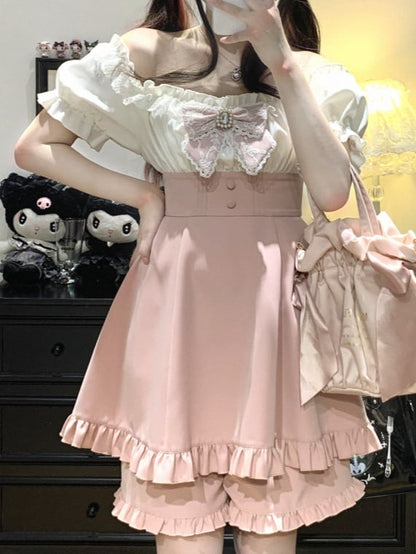 オフショルダーネックラインミニドレス＆ショーツセット ジライケイ ブラック/ピンク/ブルー