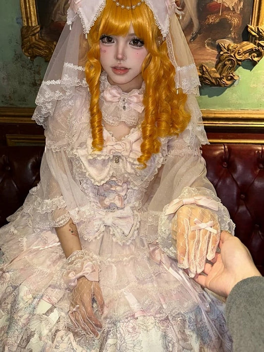 Gloves Pink Sheer Lolita with Lace Bowknots