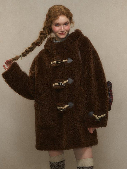 Beige/Brown Toggle Hood Coat with and Closure Long Vintage-Inspired Fleece