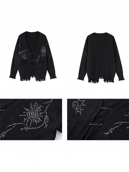 Cardigan Rhinestone Hem Placket Black Frayed V-Neck with Punk Three-Pin Knit