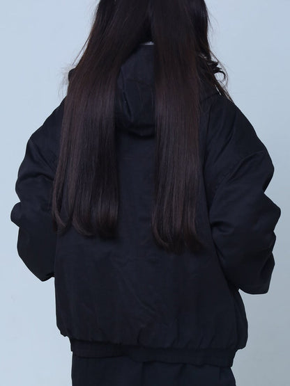 Black Kei Embroidered Hooded Jacket Fur-Collar Jirai