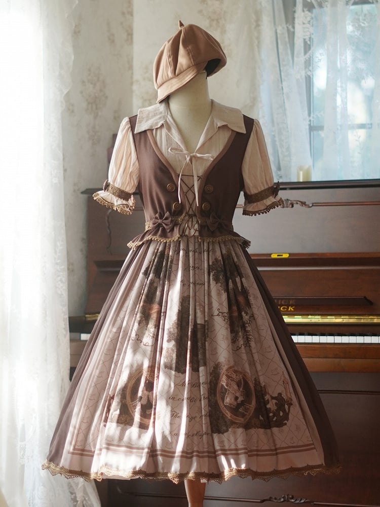 Robe Lolita Tree House, gilet marron, corsage, fausse robe Lolita deux pièces, une pièce