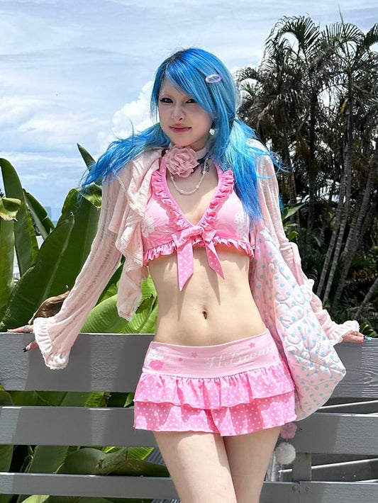 Ruffle Accents Semi-Sheer Trim Protection Pink Lace Sun Cascading Cardigan with