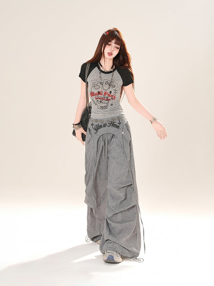 グレー/ピンクのカラーブロックデザイン キティプリントTシャツ