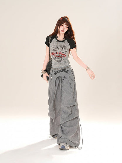 グレー/ピンクのカラーブロックデザイン キティプリントTシャツ