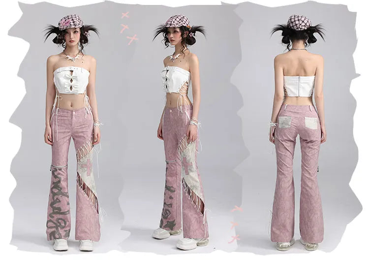 Asymmetrische Schlaghose mit Schnürung in Rosa Dusty