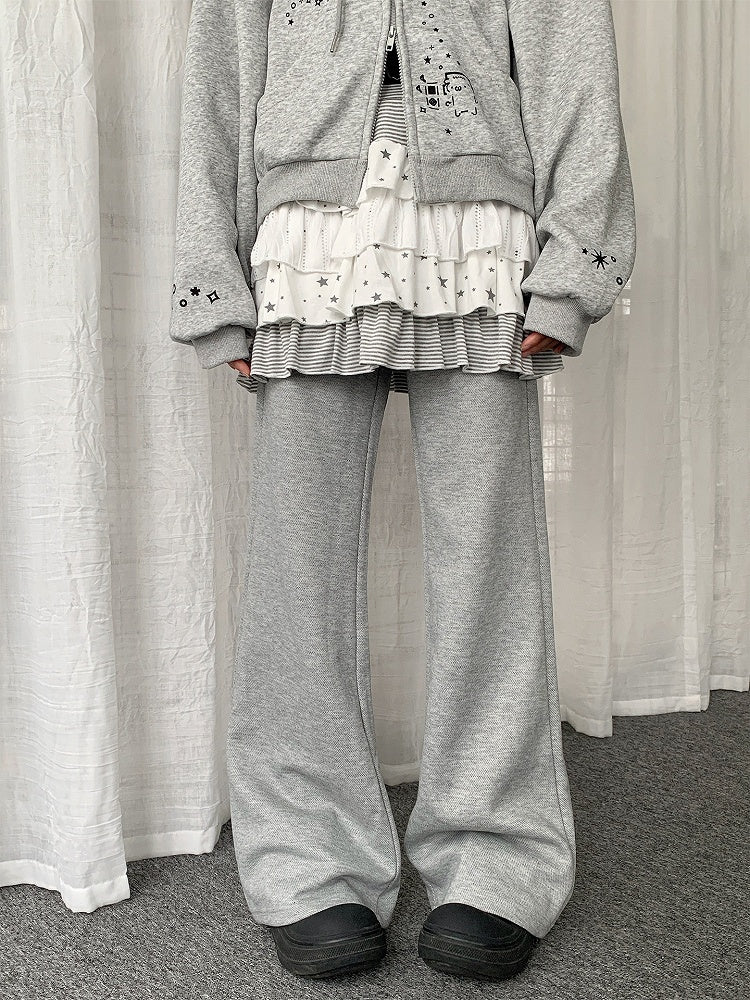Waist Flared Rhinestone Gray Drawstring Pants with Heart Design