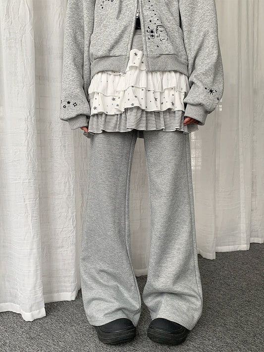 Waist Flared Rhinestone Gray Drawstring Pants with Heart Design