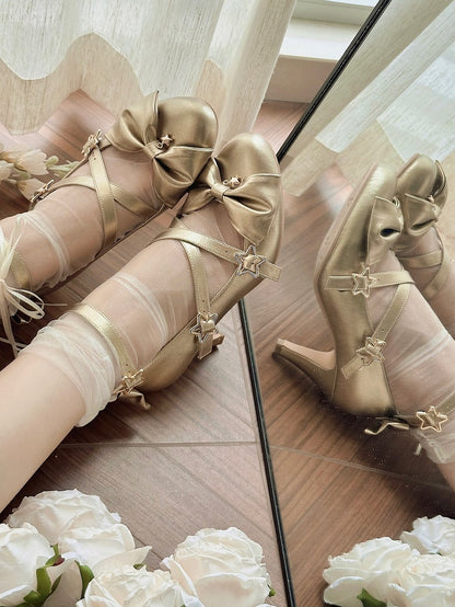 Top Bow at Sweet Starry Golden High-heel Lolita Shoes Buckles