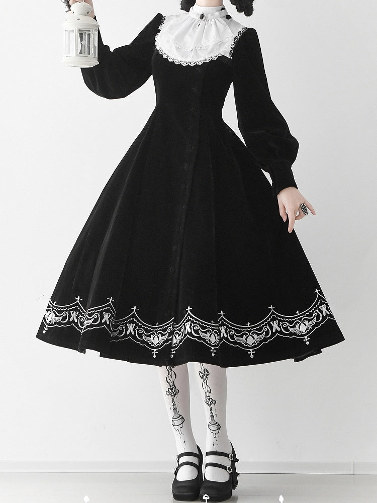 for Black Winter Autumn Details Nun and Embroidery Sleeves Lolita Velvet Dress Long