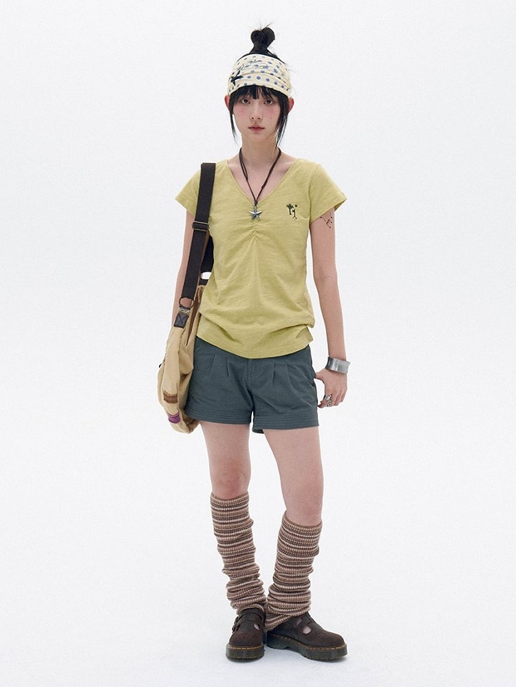 Light Green Cotton V-Neck Tee with Key Embroidery - innomoood