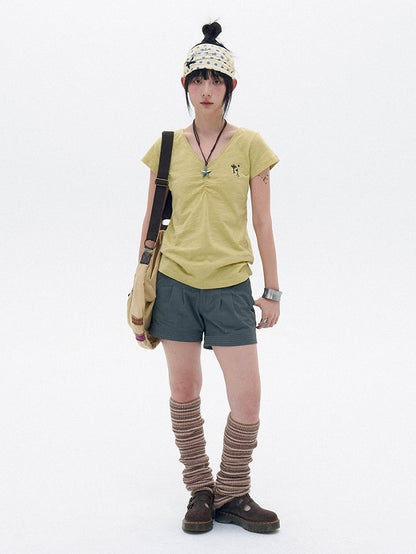 Light Green Cotton V-Neck Tee with Key Embroidery - innomoood