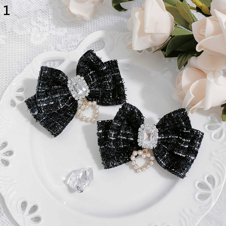 Jirai Kei Beaded Sweetheart Rhinestone with Plaid Bow Hairclips
