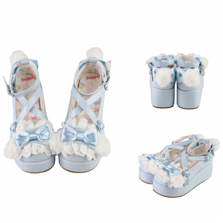 Blue Design at Decorated Top Bow Pompon Plush With Ear Crisscross Platforms Bunny