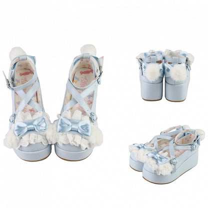 Blue Design at Decorated Top Bow Pompon Plush With Ear Crisscross Platforms Bunny