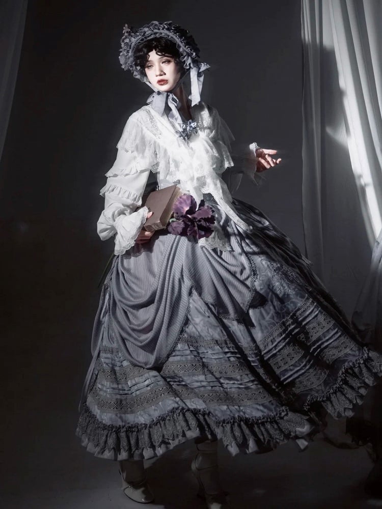 with Under Boned Waist Gray Gothic Bust Lolita Embroidery Dress Detail