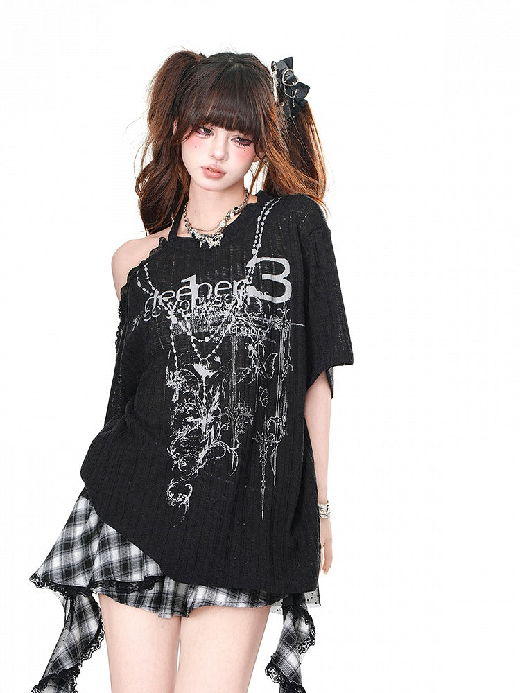 Black/White Cutout Shoulder Lace Trim Loose Graphic T-Shirt