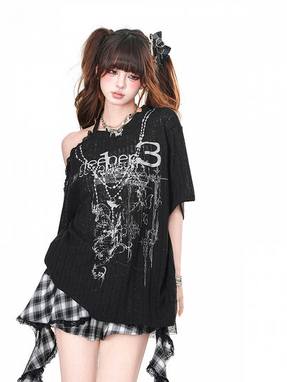 Black/White Cutout Shoulder Lace Trim Loose Graphic T-Shirt