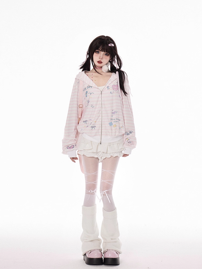 ピンクのストライプフード付きジャケット ジップアップ柄 Y2K 秋 プリント