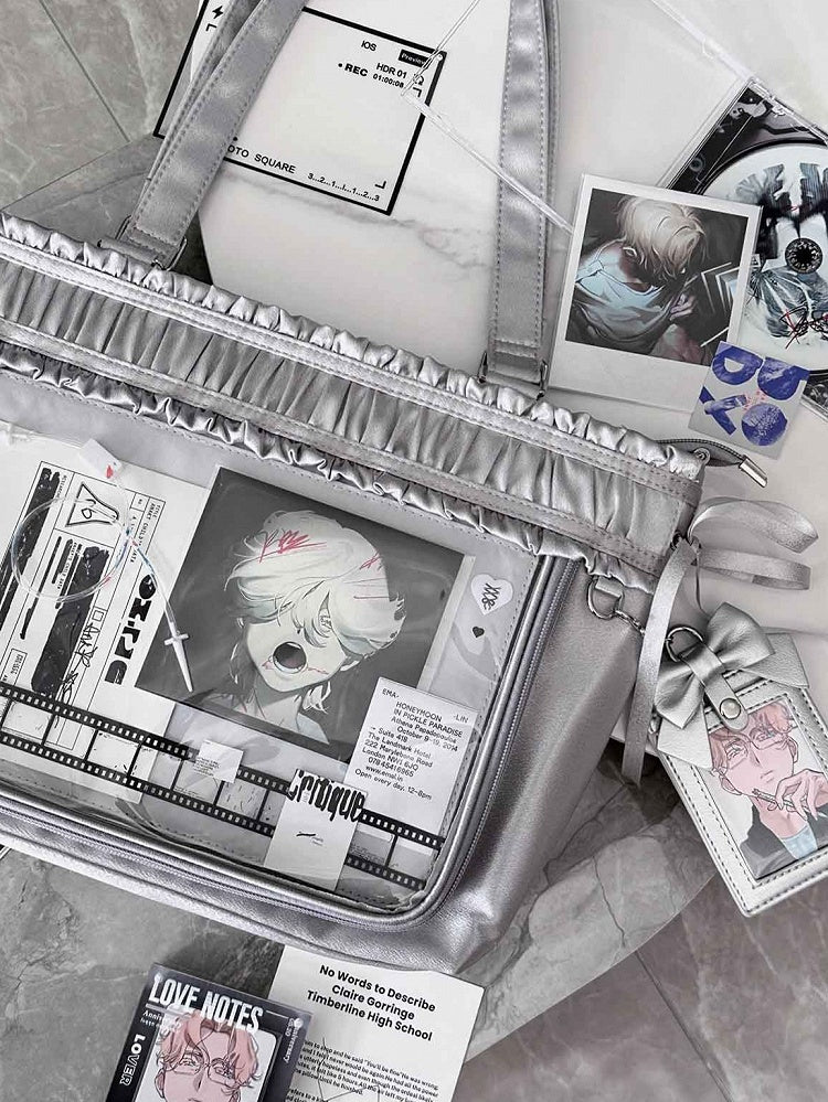 Trim Ita Bag Silver Ribbon Bow Large Capacity Tote Ruffled