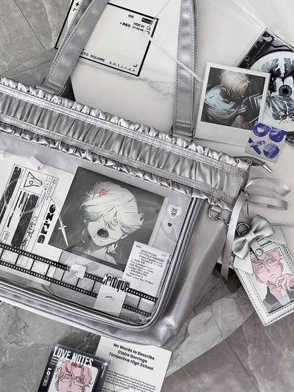 Trim Ita Bag Silver Ribbon Bow Large Capacity Tote Ruffled