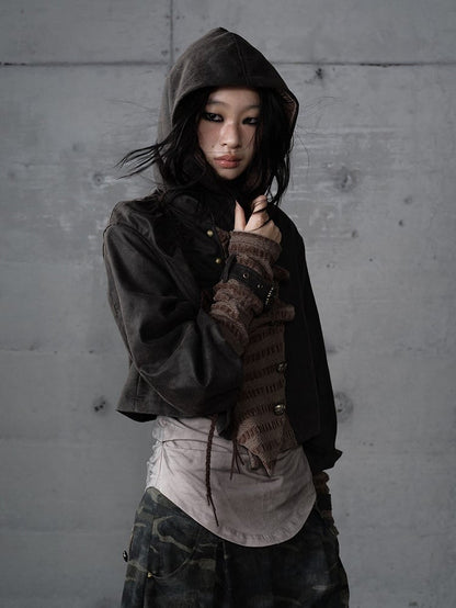 Dark Vintage Knit Jacket Hoodie with Green Paneling Suede