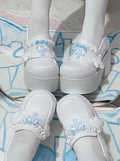 Tenshi Kaiwai ライトブルー ヤミ カワイイ クロス ボウノット プラットフォーム ローファー